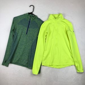 2 Nike Dri-Fit Running Sweater Womens Small Green Yellow 1/4 Zip Pullover
